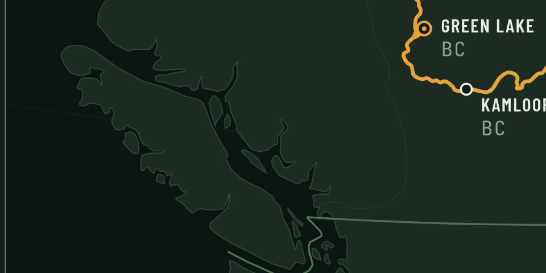 Close detail of the Timberline palette: the British Columbia coastline in near-black spruce