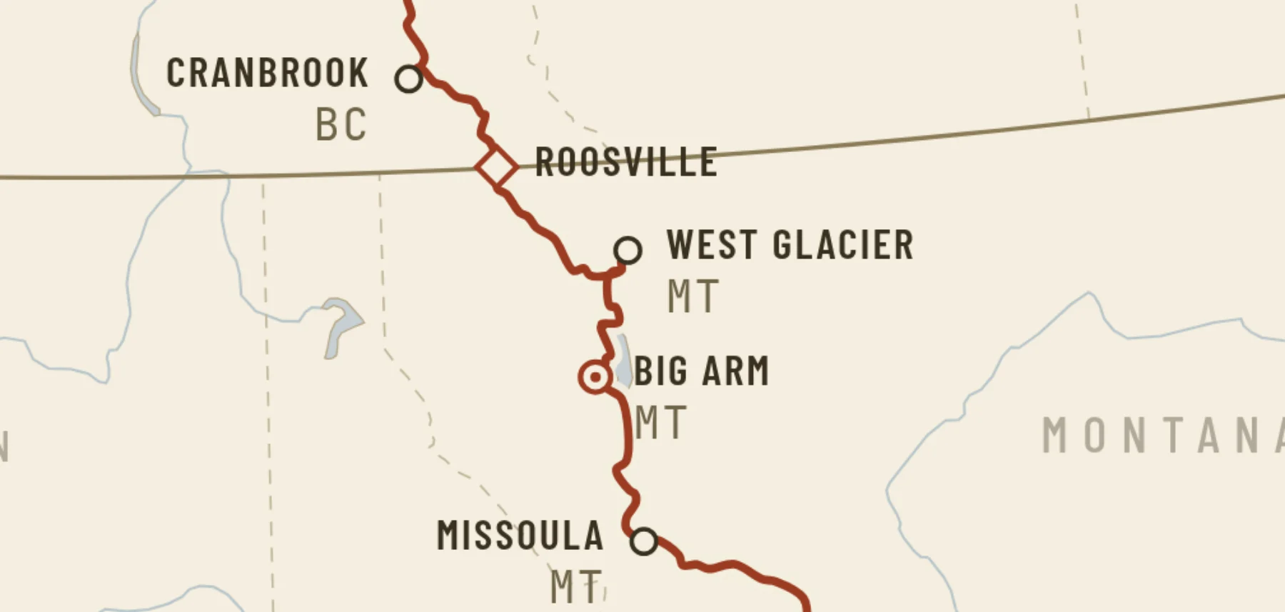 Close detail of a printed route map: the line threading between Cranbrook, Roosville and Missoula